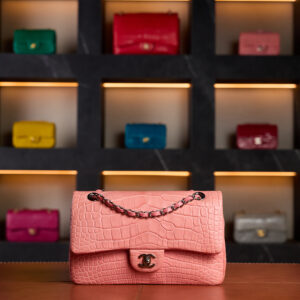 Authentic Chanel Mini Classic Flap bag in salmon matte crocodile leather with silver hardware – rare exotic full set luxury handbag.