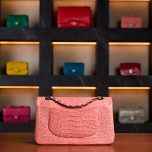 Authentic Chanel Mini Classic Flap bag in salmon matte crocodile leather with silver hardware – rare exotic full set luxury handbag.