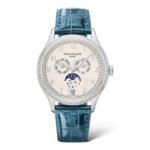Patek Philippe Complications 38mm 4947G-010 Annual Calendar Moon Phases White Gold Case Alligator Peacock Blue Strap Diamonds Set Bezel - Exotic Boutique Dubai