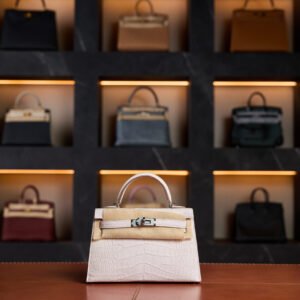Hermès Kelly 20 Mauve Pale Matte Crocodile Leather with Palladium Hardware - 2024 New Full Set - Exotic Boutique Dubai
