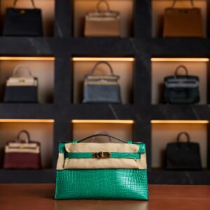 Hermès Kelly Pochette Vert Jade Swift Leather with Gold Hardware - 2025 New Full Set - Exotic Boutique Dubai