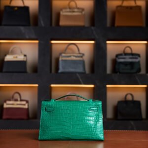 Hermès Kelly Pochette Vert Jade Swift Leather with Gold Hardware - 2025 New Full Set - Exotic Boutique Dubai
