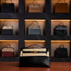 Hermès Kelly Pochette Black Lizard Leather with Gold Hardware - 2024 New Full Set - Exotic Boutique Dubai