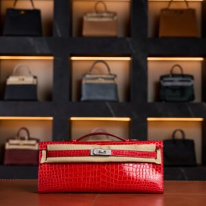 Hermès Kelly Cut Diamond in Rouge de Cœur Niloticus Crocodile with White Gold & Diamond Hardware - 2021 Full Set - Exotic Boutique Dubai