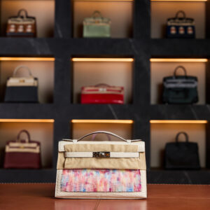 Hermès Kelly Pochette Feather Horizon in Nata Boreal with palladium hardware, 2024 pristine condition, full set with invoice and CITES — available at Exotic Boutique for AED 1,790,000.