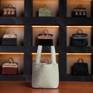 Hermès Mini Picotin Gris Pale Ostrich with Gold Hardware 2023 New Full Set - Exotic Boutique Dubai