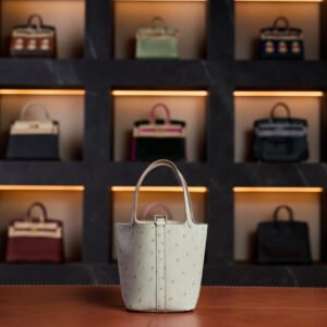 Hermès Mini Picotin Gris Pale Ostrich with Gold Hardware 2023 New Full Set - Exotic Boutique Dubai