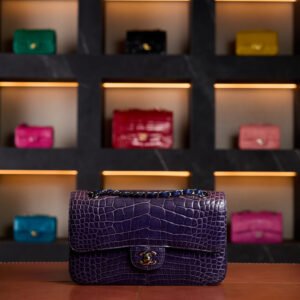 Chanel Medium Classic Flap Bag in Dark Purple Shiny Crocodile Leather with Gold Hardware - Rare Exotic Collector’s Edition - Exotic Boutique Dubai