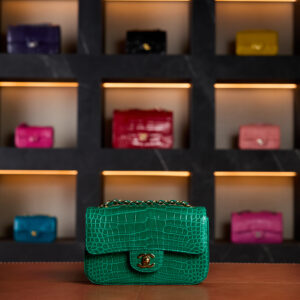 Authentic Chanel Mini Classic Flap bag in emerald green shiny crocodile leather with gold hardware – rare exotic full set luxury handbag.