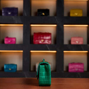 Authentic Chanel Mini Classic Flap bag in emerald green shiny crocodile leather with gold hardware – rare exotic full set luxury handbag.