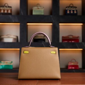 Hermès Kelly 25 HSS Special Order Tricolor - Gold, Jaune Milton & Mauve Sylvest with Gold Hardware - 2025 New Full Set - Exotic Boutique Dubai