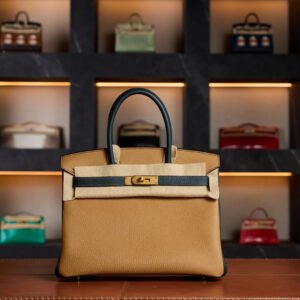 Hermès Birkin 30 HSS Special Order Double Colored Gold Hardware - Biscuit with Dark Blue 2025 New Full Set - Exotic Boutique Dubai