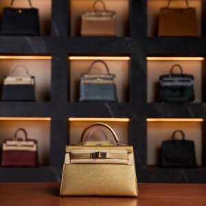 Hermès Mini Kelly Metallic Gold Chevre Leather with Gold Hardware - 2025 New Full Set - Exotic Boutique Dubai